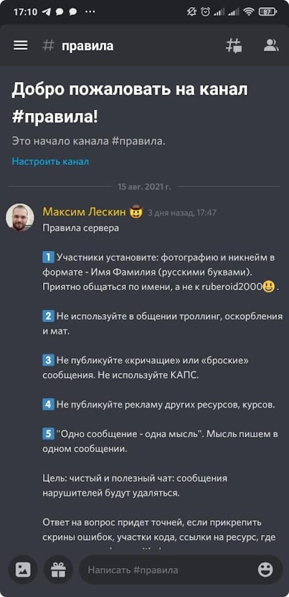 Скрин учебной платформы в Discord